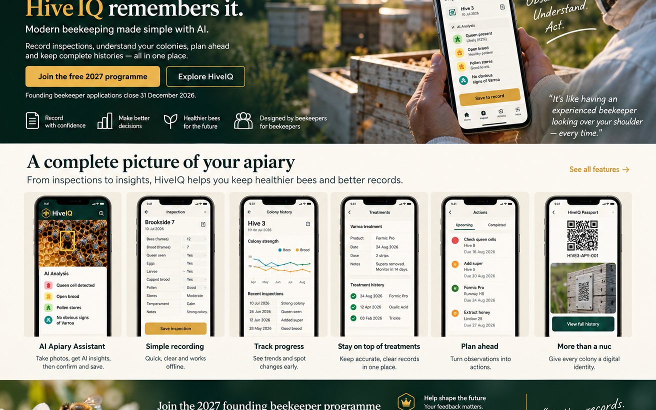 HiveIQ product vision showing mobile inspection, AI assistance and colony management screens
